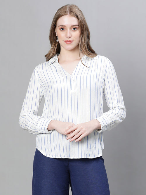 Women White Stripe Print Long Sleeve Collared Cotton Top