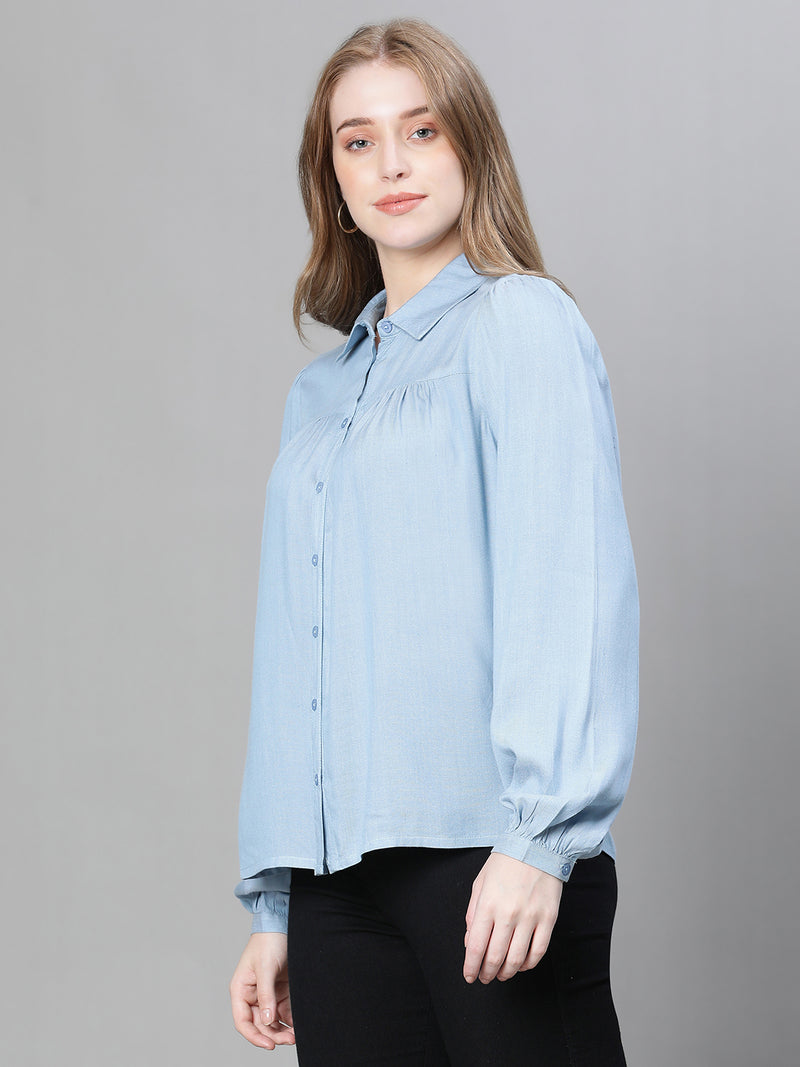Women Soild Blue Collared Long Sleeve Buttoned Cotton Shirt