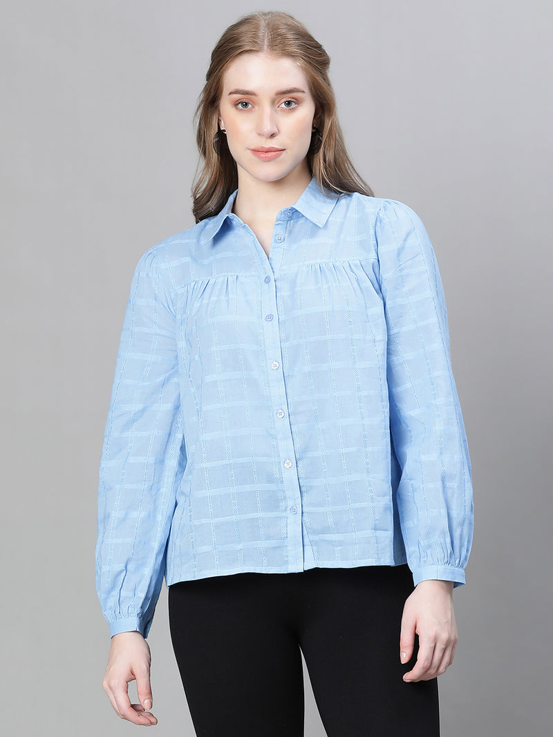 Women Soild Blue Collared Long Sleeve Buttoned Cotton Shirt
