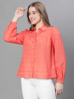 Women Soild Red Collared Long Sleeve Buttoned Cotton Shirt