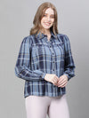 Women Blue Check Print Collared Long Sleeve Buttoned Shirt