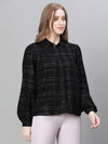 Women Black Check Print Collared Long Sleeve Buttoned Shirt