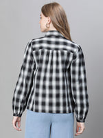 Women Black Check Print Collared Long Sleeve Buttoned Shirt