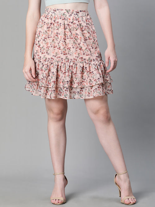 Women Peach Floral Print Elasticated Flared & Layered Short Party Wear Skirt