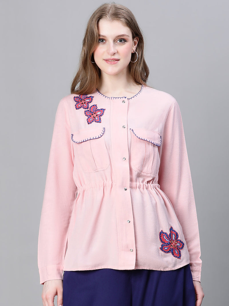 Women pink round neck long sleeve floral embellished button cotton bomber jacket