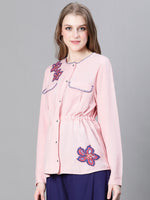 Women pink round neck long sleeve floral embellished button cotton bomber jacket