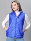 Women Soild Blue High Neck Zipped Sleevless Jacket