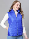 Women Soild Blue High Neck Zipped Sleevless Jacket
