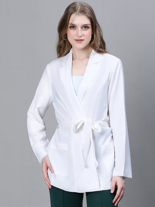 Women Soild White Open V-Neck Belted Long Sleeve Blazer Jacket