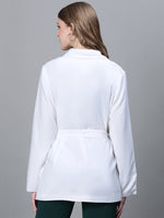Women Soild White Open V-Neck Belted Long Sleeve Blazer Jacket