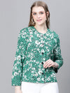Women Green Multicolor Floral Print Round Neck Buttoned Long Sleeve Cotton Bomber Jacket