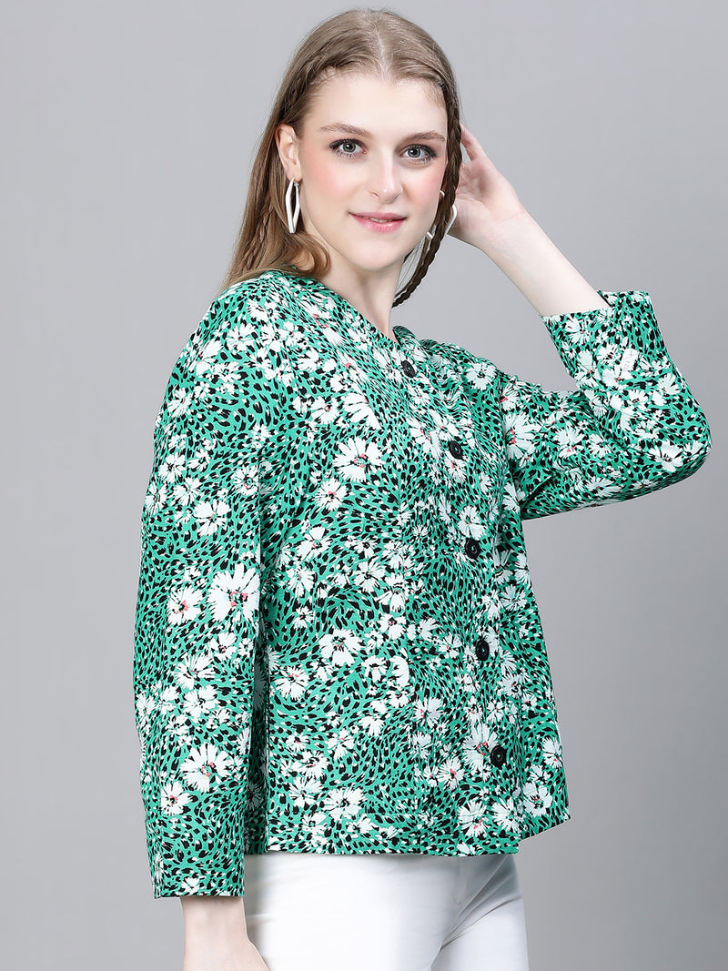 Women Green Multicolor Floral Print Round Neck Buttoned Long Sleeve Cotton Bomber Jacket