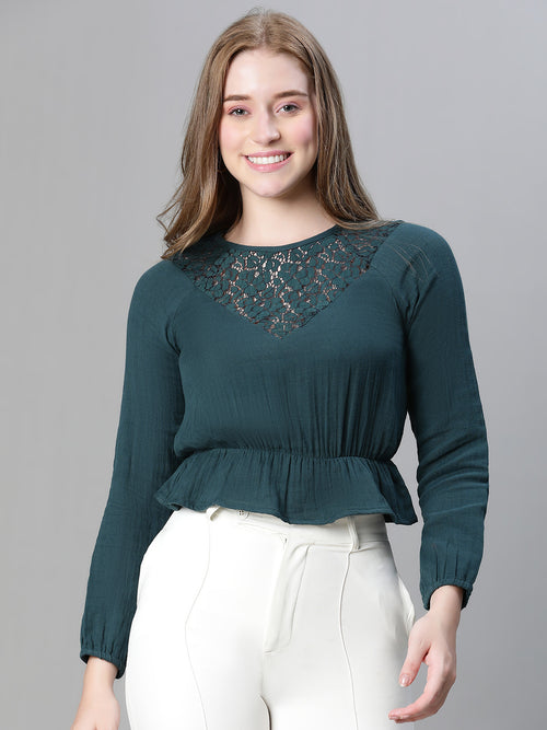 Women green round neck lace deatiled long sleeve elasticated cotton top