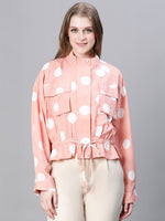 Women Peach Polka Print Collared Buttoned Elasticated Tie-Up Detailed Bomber Jacket