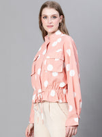 Women Peach Polka Print Collared Buttoned Elasticated Tie-Up Detailed Bomber Jacket