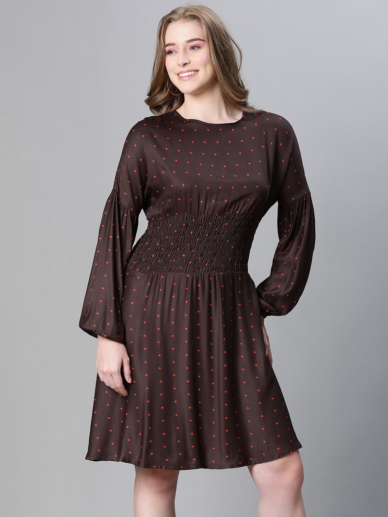 Women brown polka dot print round neck smocked long sleeve flared dress