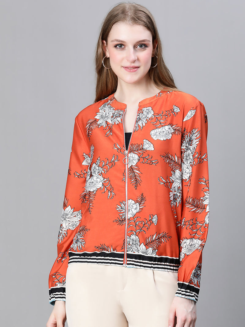 Women Multicolor Floral Print Round Neck Zip Lined Long Sleeve Bomber Jacket