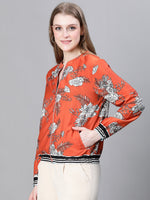 Women Multicolor Floral Print Round Neck Zip Lined Long Sleeve Bomber Jacket