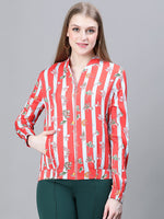 Women Red Multi Style Printed Round Neck Zip Lined Long Sleeve Elasticated Bomber Jacket