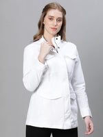 Women White Collared Snap Buttoned Long Sleeve Cotton Jacket