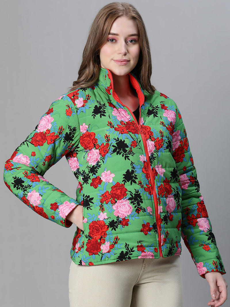 Women Green Floral Print Zip Lined Long Sleeve Reversible Jacket