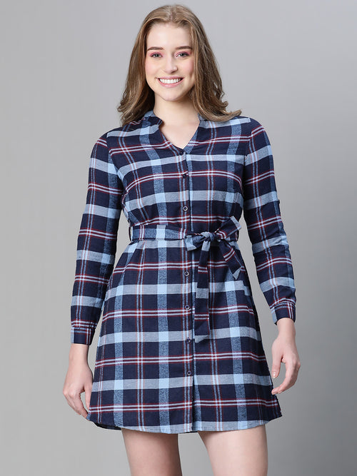 Women multicolor brush check v-neck long sleeve belted button down cotton dress