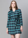 Women blue brush check v-neck long sleeve belted button down cotton dress
