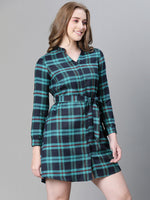 Women blue brush check v-neck long sleeve belted button down cotton dress