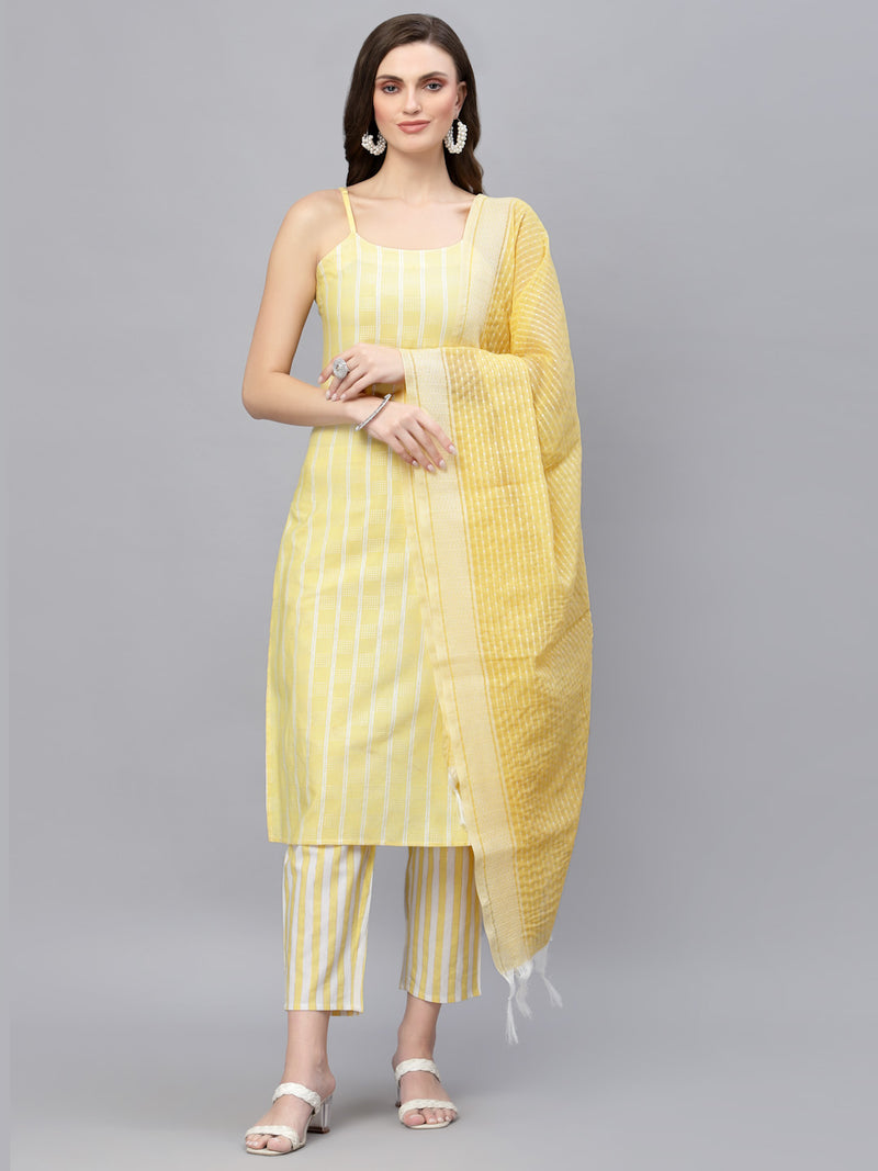 Women's Woven designed Cotton Blend Straight Kurta Pant Dupatta Set