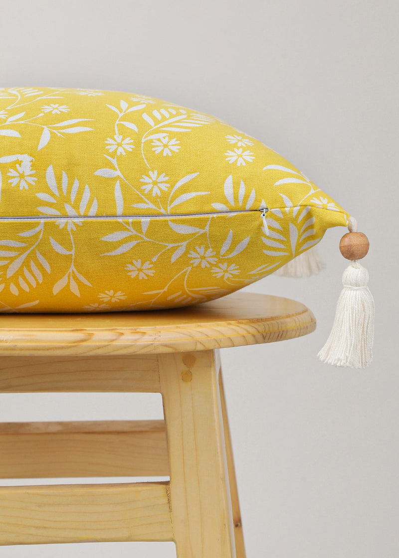 Yellow Daisy Printed Cotton Cushion Cover - 24" x 24"