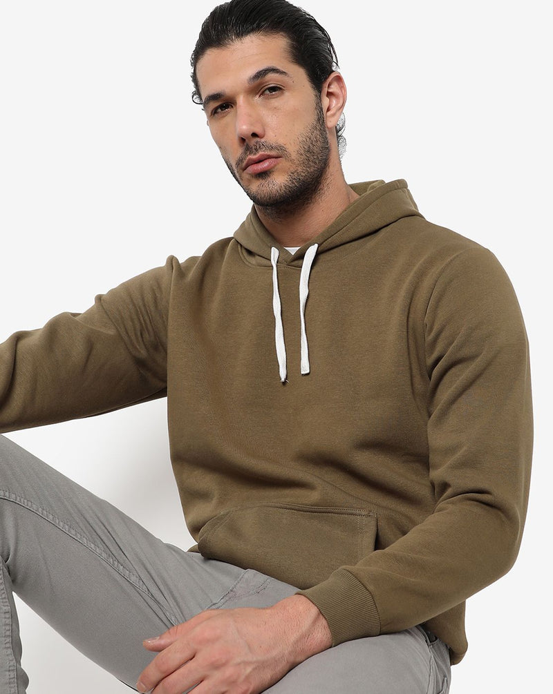 Campus Sutra Men's Olive Green Solid Fit Sweatshirt With Hoodie For Winter Wear | Full Sleeve | Cotton Sweatshirt | Casual Sweatshirt For Man | Western Stylish Sweatshirt For Men