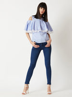 Flare Into Style Cold Shoulder Lace Light Blue Top
