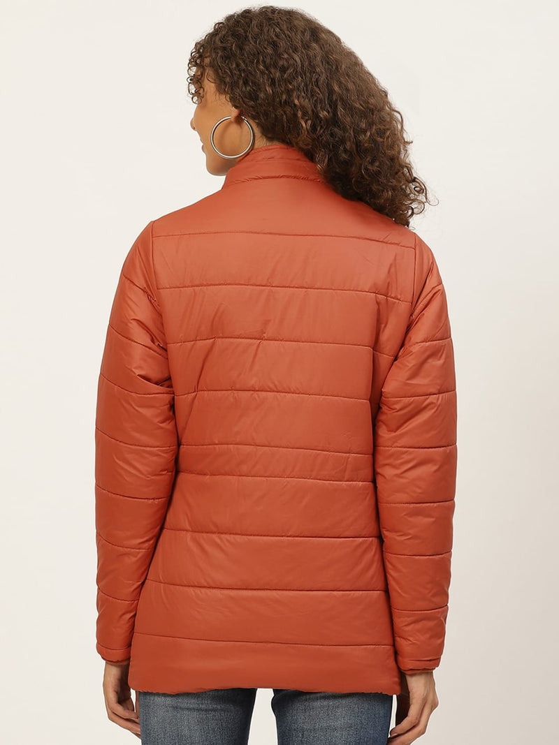Women Rust Orange Parka Jacket With Detachable Hood