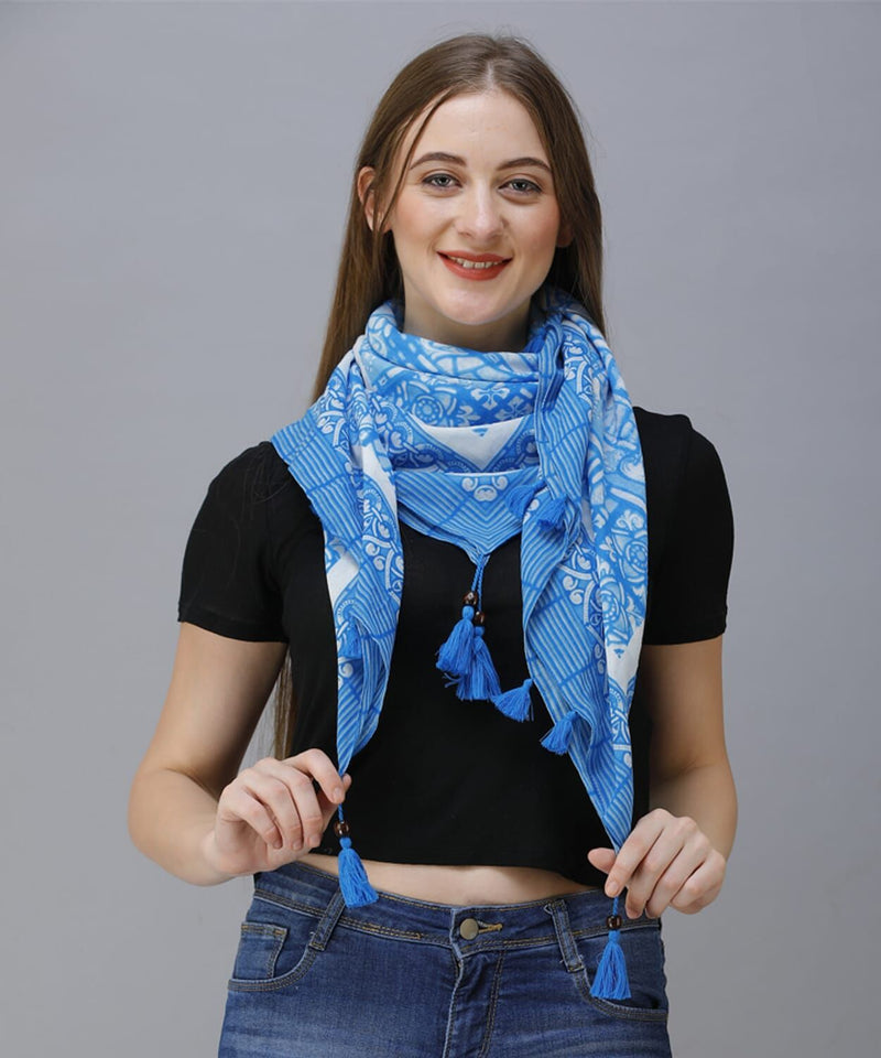 Rajoria Instyle Free-Size Women's Georgette Blue Print Scarf/Stole With Tassel