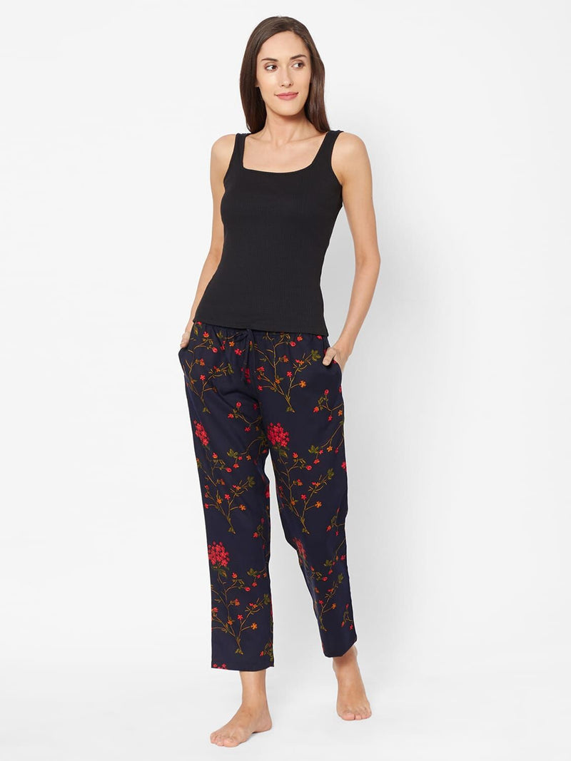 Women Black Flower Print Pyjama