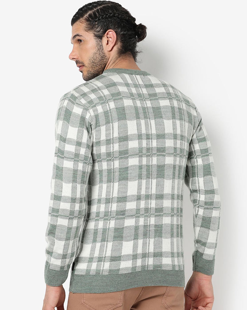 Campus Sutra Men's Sage Green Checked Textured Regular Fit Sweater For Winter Wear | Round Neck | Full Sleeve | Woolen Sweater | Casual Sweater For Man | Western Stylish Sweater For Men