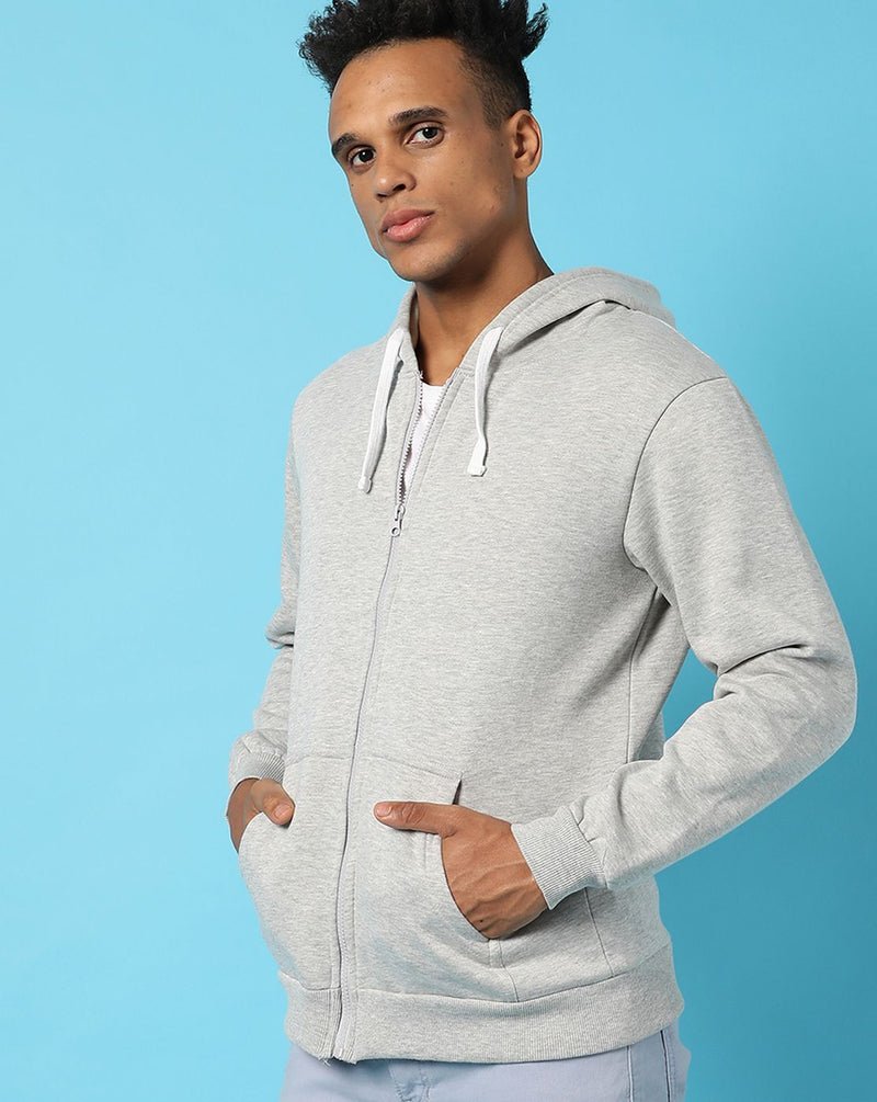 Campus Sutra Mens Grey Solid Zipper Sweatshirt With Hoodie Regular Fit For Casual Wear | Cotton Blend Fabric | Trendy Sweatshirt Crafted With Comfort Fit & High Performance For Everyday Wear