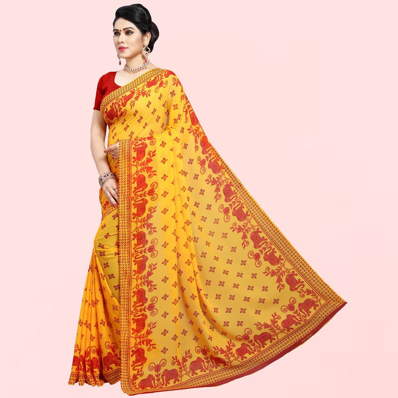 Yellow Printed Art Daily Wear Georgette Blend Best Saree