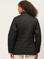 Women Black Solid Detachable Hood Parka Jacket