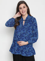 Oxolloxo Fanciful Blue Floral Print Tie-Knot Maternity Tunic