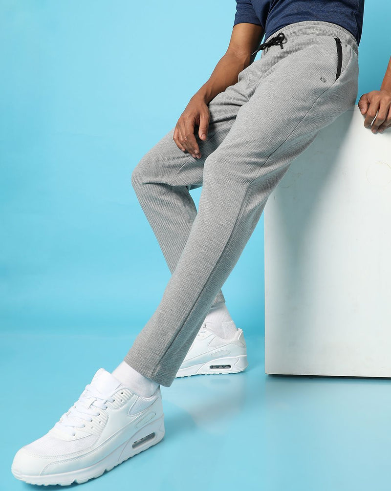 Campus Sutra Mens Grey Solid Track Pants Regular Fit For Casual Wear | Zipper Pockets | Drawstring | Textured Fabric | Trackpants Crafted With Comfort Fit & High Performance For Everyday Wear