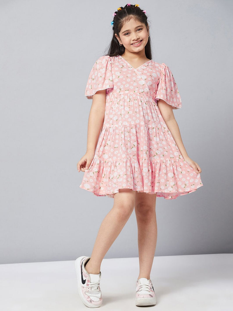 Girl's Red coral Printed Dress Peach