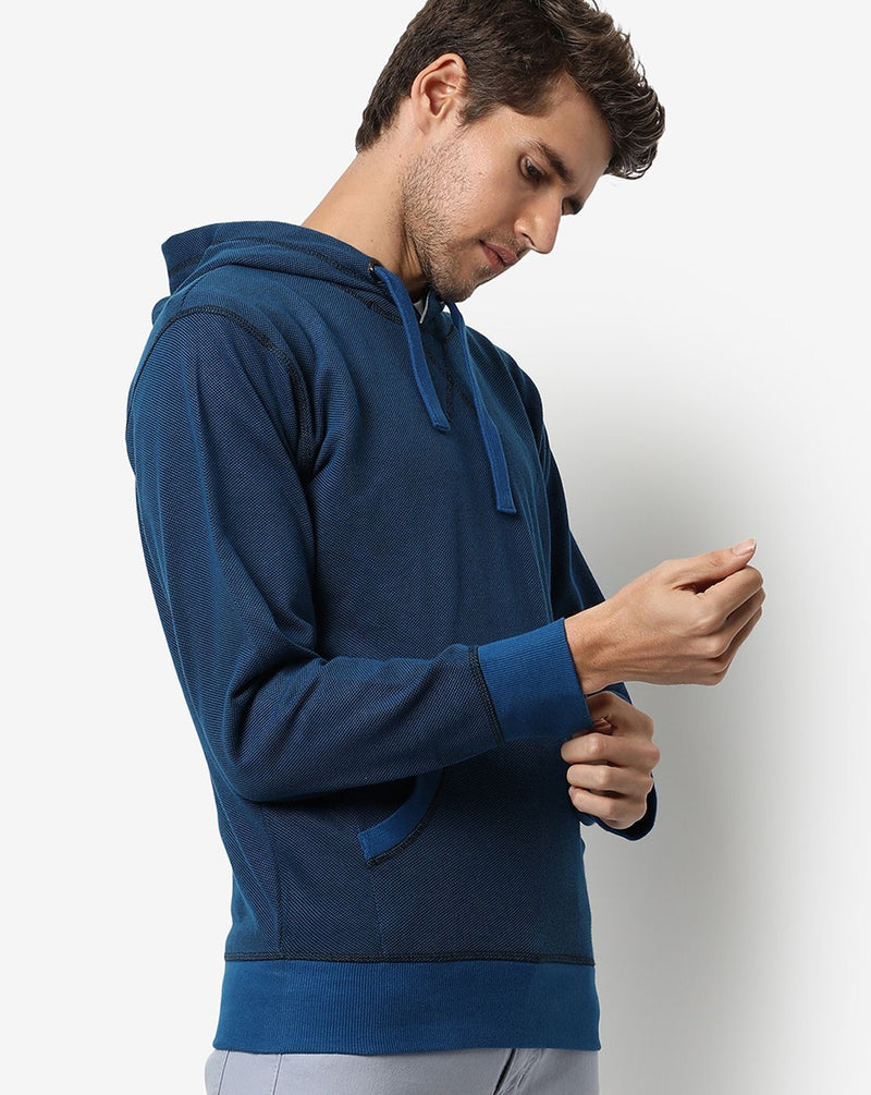 Campus Sutra Men's dark Blue Solid Textured Regular Fit Sweatshirt With Hoodie For Winter Wear | Full Sleeve | Cotton Sweatshirt | Casual Sweatshirt For Man | Western Stylish Sweatshirt For Men