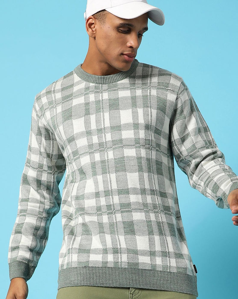 Campus Sutra Mens Green & Grey Checked Sweater Regular Fit For Casual Wear | Round Neck | Full Sleeves | Stylish Sweater Crafted With Comfort Fit & High Performance For Everyday Wear