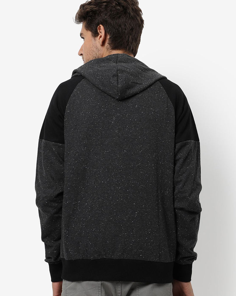 Campus Sutra Men's Black Solid Textured Regular Fit Zipper Sweatshirt With Hoodie For Winter Wear | Full Sleeve | Cotton Sweatshirt | Casual Sweatshirt For Men | Western Stylish Sweatshirt For Man