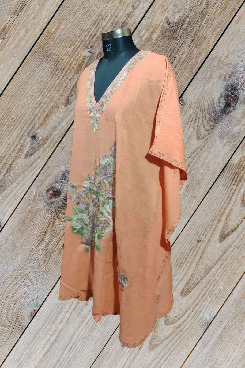 100% Cotton Dusty-Orange Short Kashmiri Kaftan with Floral Aari Embroidery