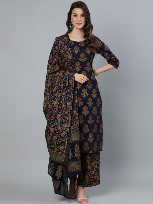 Adults-Women Floral Pure Cotton Kurta with Trousers With Dupatta