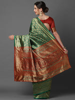 Sareemall Green & Red Wedding Silk Blend Woven Top Design Saree With Unstitched Blouse