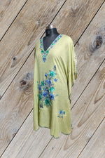 100% Cotton Lemon-Green Short Kashmiri Kaftan with Floral Aari Embroidery