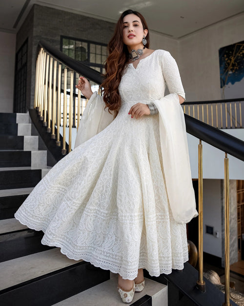 Navyaa Women's White Cotton Chikankari Gown with Dupatta Set